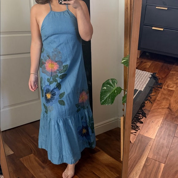 Anthropologie X Pilcro Halter Embroidered Denim Midi Dress. Size XXS/ size 4 - Picture 12 of 12
